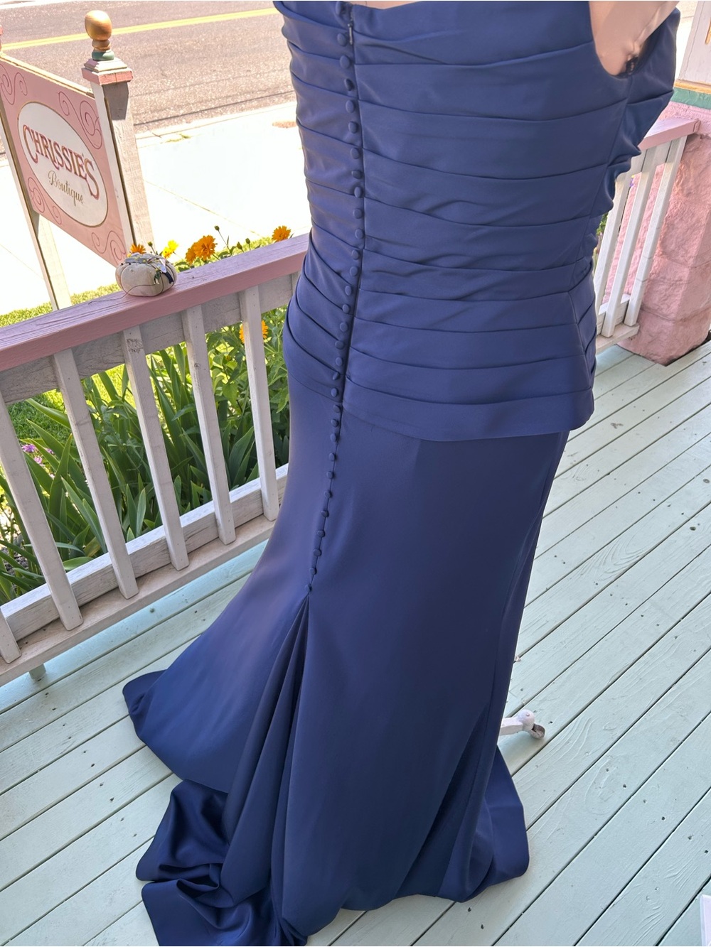 Mon Cheri Navy Evening Gown with Floral Shoulder Accents - Picture 5 of 9